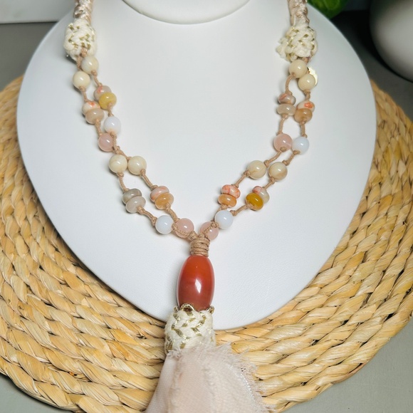 CHICO’S Coral and Cream colored double-strand corded beaded tassel necklace - Picture 8 of 13